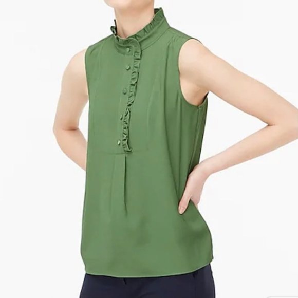 J. Crew Ruffle-Trim Crepe Tank Top in  Faded Moss - Picture 1 of 12